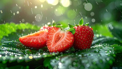 Hyper-realistic close-up of fresh strawberries on wet leaves, glistening with raindrops