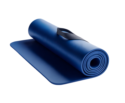 A rolledup blue yoga mat with a black strap, isolated on a transparent background, ready for a workout session