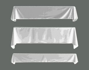 Vintage draped fabric mockup – white halftone tablecloth vector set with diagonal hatching texture.