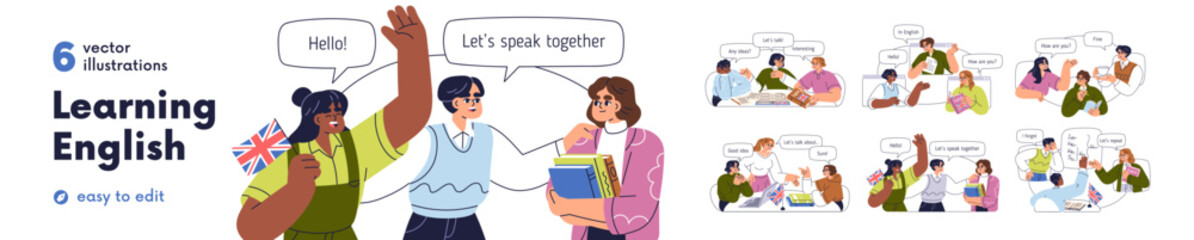English language education course, speaking club set. Groups of people practicing conversation, studying, learning, teaching at class, lesson. Flat vector illustration isolated on white background © Good Studio