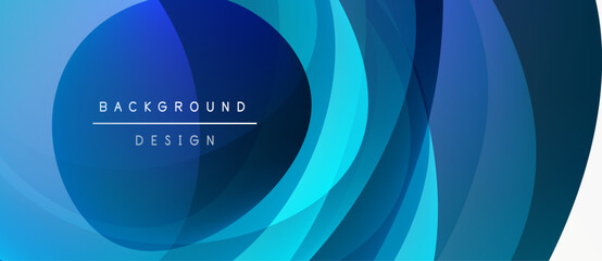 Abstract blue layers create dynamic background. Modern design features flowing shapes, gradients, text overlay. Minimalist aesthetic.