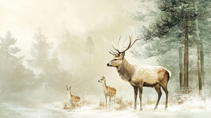 Majestic stag, fawns, snowy forest, winter calm, nature calendar