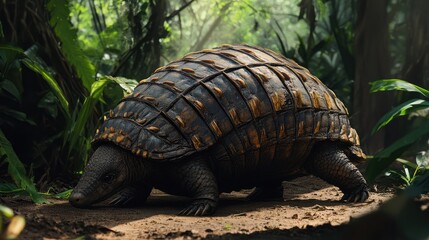 Fototapeta premium Armored reptile walking jungle floor, sunlight dappled background; nature documentary
