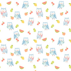 Cute Watercolor Owl and Fruit Pattern with Cherries and Watermelon