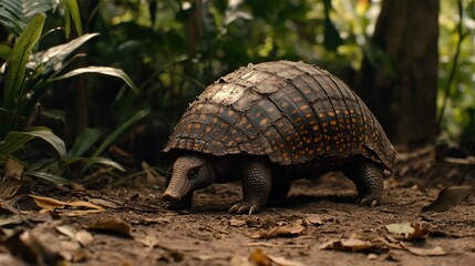 Fototapeta premium Armadillo walking jungle floor, leaves background, wildlife documentary