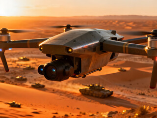 Modern Drone Surveillance flying over the desert