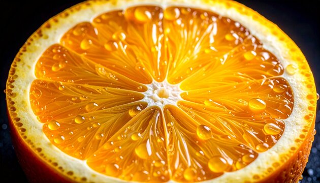 Ultra-realistic macro shot of a fresh juicy orange slice covered in sparkling water droplets on a dark background, highlighting its vibrant texture