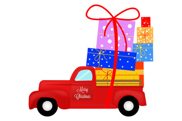 A red vintage truck loaded with colorful gift boxes tied with a large red bow, featuring "Merry Christmas" text on the side.