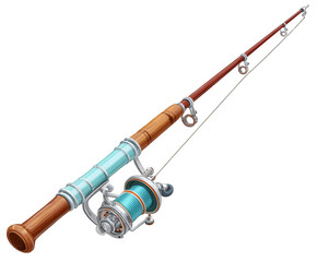 Vintage fishing rod and reel, isolated on transparent background, showcasing classic angling equipment with a wooden handle and a light blue reel