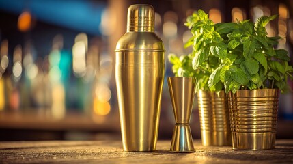 Craft exquisite cocktails with this professional golden barware set featuring a shaker, jigger, and fresh mint for the ultimate mixology experience at home or in a stylish bar.