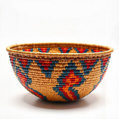 Natural woven basket with colorful Maasai patterns on white background and copy space