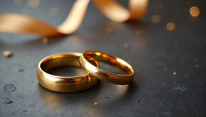Two polished gold wedding rings symbolizing union on dark slate background with soft lights for Valentine's Day