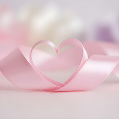 Pink ribbon in heart shape for Valentine's Day with soft pastel background and copy space