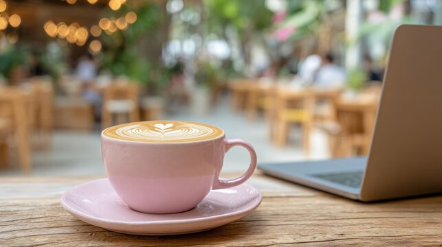 Savoring a creamy latte with intricate foam art next to a laptop, perfect for remote work or cafe inspiration - Powered by Adobe