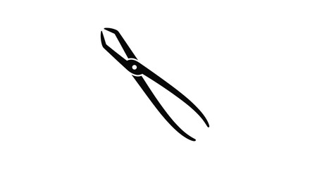 Close-up view of black metal dental pliers with jagged jaws isolated on white backdrop for medical illustration silhouette