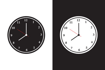 Black and white wall clock icons, vector illustration of analog timepieces, modern round clock designs.