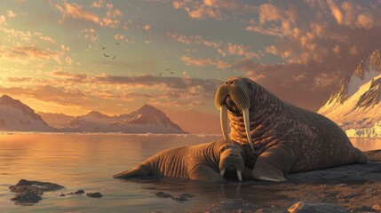 Arctic walrus mother, calf, sunset, coastal rocks, wildlife