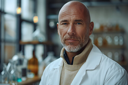 Confident, experienced scientist with intense blue eyes wearing a white lab coat, looking directly at the camera, conveying expertise and dedication in a research setting.