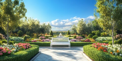 A beautiful garden with a white bench and a fountain