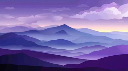 Fototapeta premium Abstract landscape illustration featuring layered mountains in shades of purple and blue, with soft clouds and a gradient sky, creating a serene and tranquil atmosphere for design purposes
