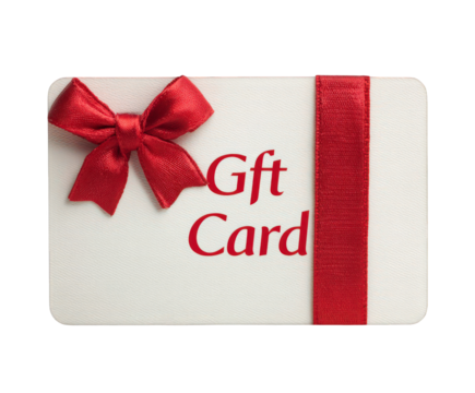 A white gift card with a red glitter bow and a red glitter ribbon, isolated on a transparent background, perfect for holiday shopping or any special occasion - Powered by Adobe