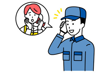 電話相談に対応するつなぎ作業服の男性