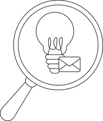 Magnifying glass over a lightbulb with filaments and an envelope
