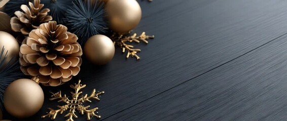 Explore lovely holiday decorations with golden ornaments and pine cones arranged beautifully on a dark wooden surface - Powered by Adobe