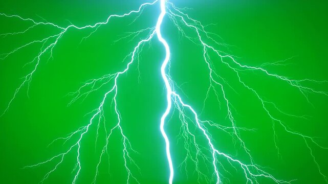 Dramatic branching lightning bolt on a vast green screen background with deep focus, pre-keyed VFX atmosphere, abstract, overlay
