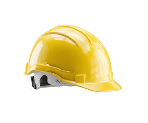 A bright yellow construction hard hat, a piece of personal protective equipment, isolated on a transparent background, symbolizing safety and work