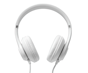 A pair of white onear headphones with a cable, isolated on a transparent background, showcasing a modern audio accessory for listening to music or podcasts