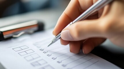 Hand filling checklist form with silver pen close up showing business organization and productivity concept