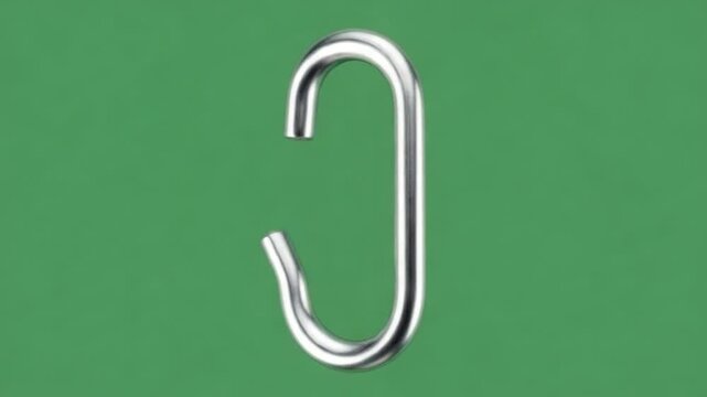 Close up of a metal S hook on a green background.