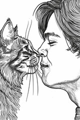 cat and an owner, man loving his cat, sketch, illustration, adult coloring book