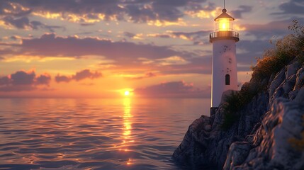 Coastal lighthouse at sunset with calm sea and dramatic sky