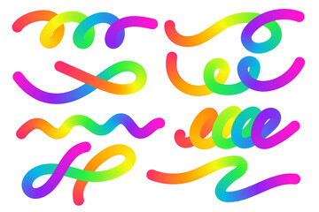 Color gradient abstract shapes isolated on white background. Wavy curved rainbow ribbons. Vector neon colors design elements. Dynamic squiggles and fluid figures.