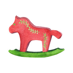 red and green rocking horse, wooden toy for New Year and Christmas, watercolor illustration for design, postcards, packaging, children