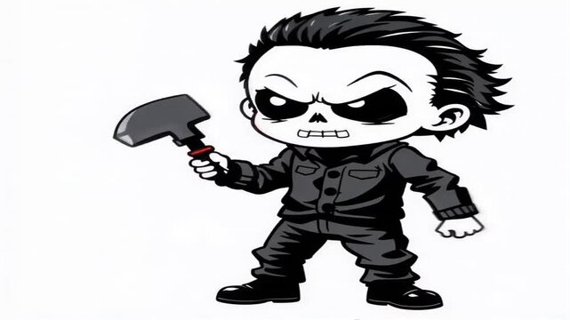 Cute chibi skeleton character wearing black clothes holding a small axe, with angry expression, cartoon style illustration for Halloween, horror, or dark humor concept art