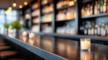 Elegant bar interior featuring a polished wooden counter with flickering candles, shelves lined with assorted spirits, creating a warm and inviting atmosphere for social gatherings