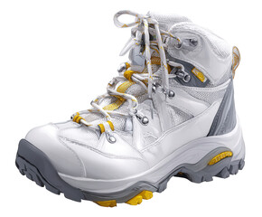 A white and yellow hiking boot, designed for outdoor adventures and rugged terrain, isolated on transparent background