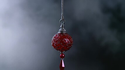 A single red glass ornament hangs from a string, perfect for decorating Christmas trees or other festive occasions
