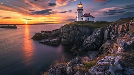 Coastal lighthouse on a cliff at sunset with colorful sky