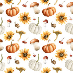 Pumpkins Sunflowers Mushrooms Berries. Watercolor hand painted floral forest seamless pattern on white background fall