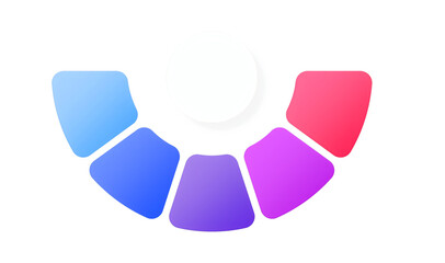 Minimalist infographic or circular diagram with a central white circle and five rounded, gradient-filled segments arranged in an arc, using colors from blue to pink. transparent, 4k, png