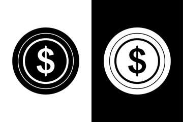 Dollar Coin Icon — Money Symbol, Currency Economy Concept on Black and White Background.