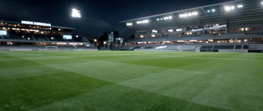 Bright lights illuminate the soccer field as fans gather, showcasing an electrifying atmosphere for the upcoming match