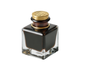 A square glass bottle filled with dark liquid, possibly balsamic vinegar or ink, with a decorative gold cap, isolated on transparent background