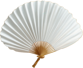 A white paper fan, opened and isolated on a transparent background, showcasing its delicate pleats and wooden handle, perfect for traditional or decorative themes