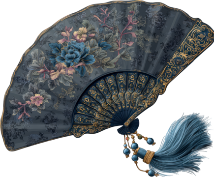 An ornate, vintage, dark blue fabric fan adorned with floral patterns and a decorative tassel, displayed against a transparent background - Powered by Adobe