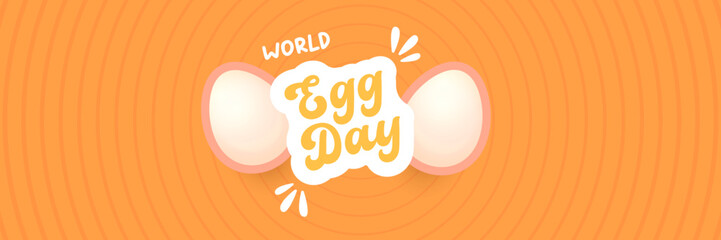 World Egg Day banner with eggs on orange geometric pattern background. International egg day concept horizontal banner poster,flyer, banner design template. Egg food day celebration